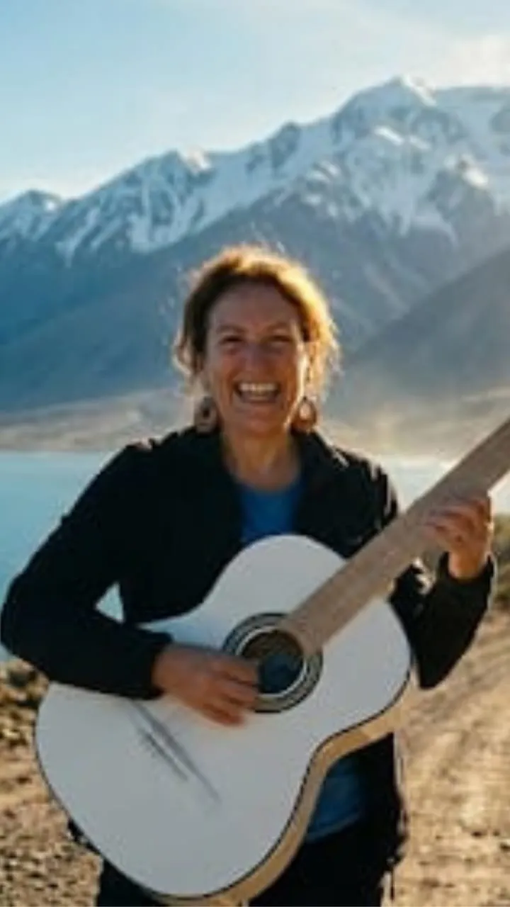 Vero Garay con guitarra blanca · cordillera de fondo